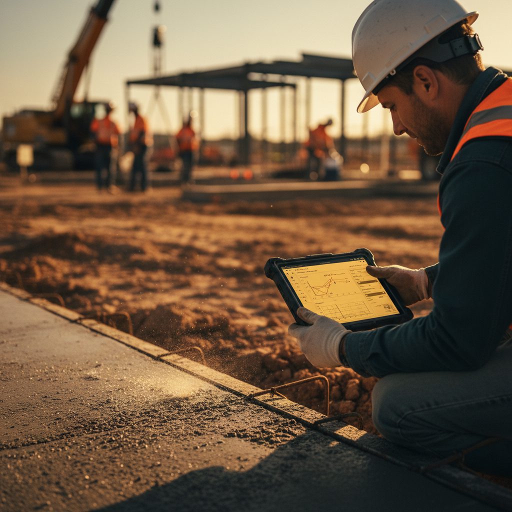 Materials testing technician reviewing field data on a rugged tablet at a concrete pour job site